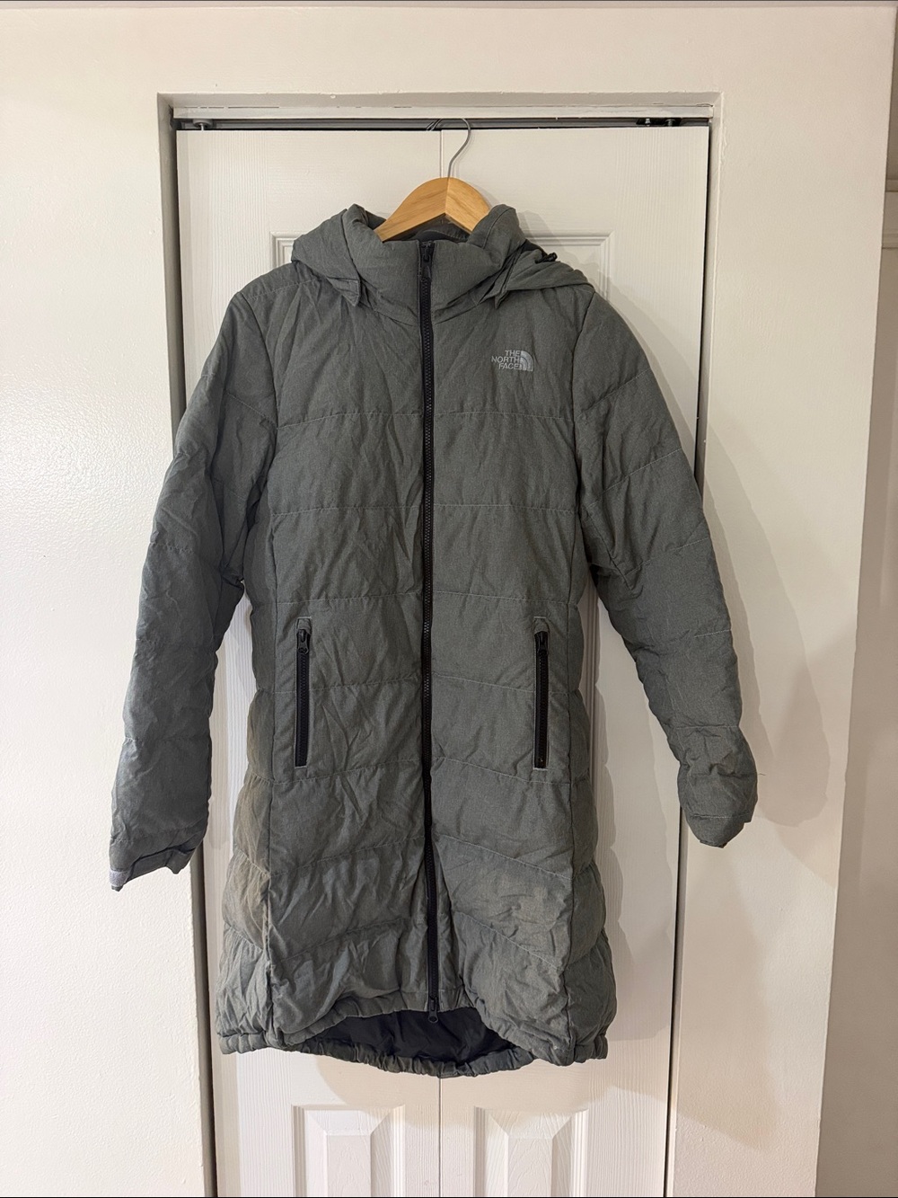 The North Face Hooded Long Puffer Coat in Gray